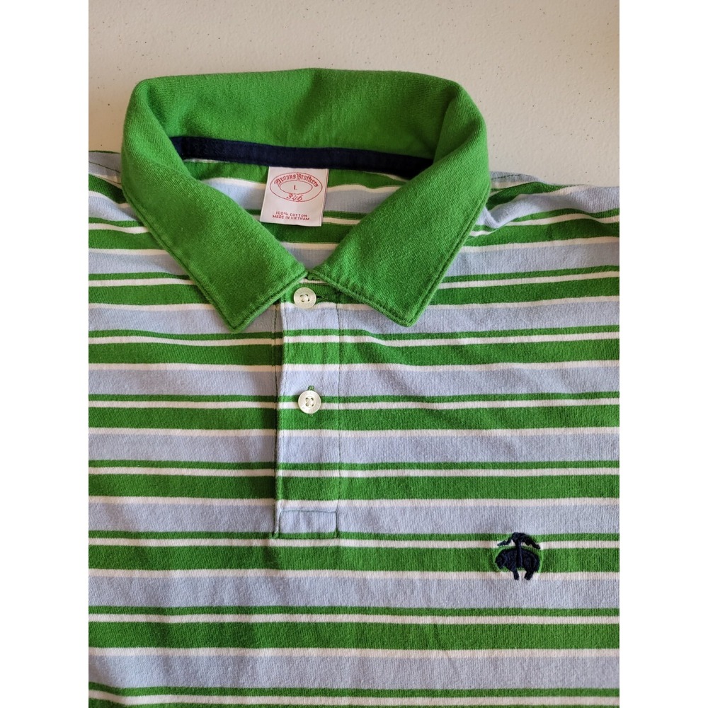 Brooks Brothers 346 SS Polo Shirt Mens L Cotton Green/Blue Striped‎ Golf Casual